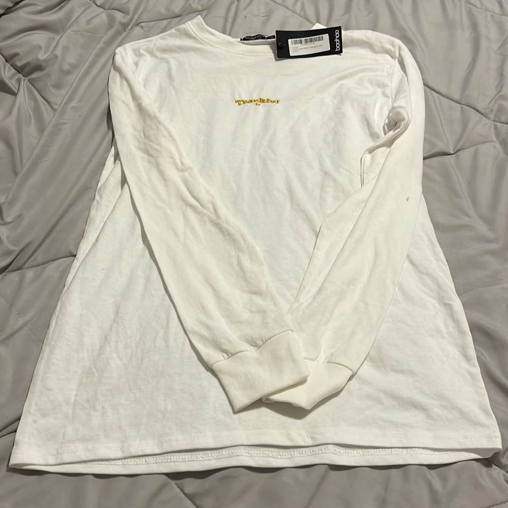 WOMENS Thankful Embroidered Long Sleeve T-Shirt WHITE. Size S.